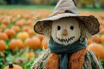 A person wearing a hat and scarf stands among pumpkins, possibly at a pumpkin patch or harvest market