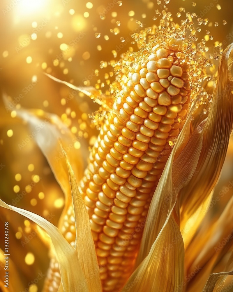 Poster Close-up of ripe corn cobs with vibrant yellow kernels and intricate textures illuminated by warm sunlight in golden fields