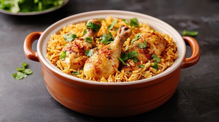 Delicious chicken biryani in a pot, garnished with fresh cilantro. A flavorful and aromatic rice dish.