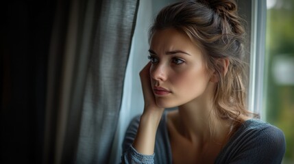 Fototapeta premium A woman gazing out the window with a thoughtful expression, her hand resting on her face