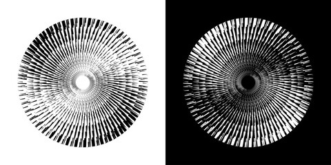Dynamic abstract spiral sound wave rhythm lines. Circular spiral sound wave rhythm of lines. Circular futuristic abstract lines, black and white background.	