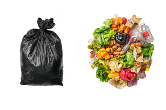 Waste disposal showing a black garbage bag alongside a pile of mixed organic and recyclable waste items representing the importance of proper waste management in sustainability efforts