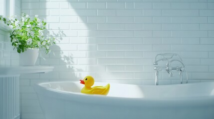Baby Playing Joyfully in Bathtub with Rubber Duck