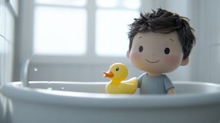 Baby Playing with Rubber Duck in Bathtub