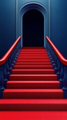 Obraz premium Vibrant red carpeted stairs leading to a dark doorway in a striking blue interior space