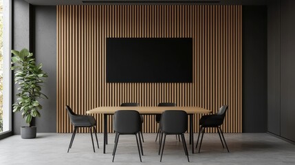 A modern conference room featuring a wooden table, black chairs, a vertical wooden wall, and a large screen, surrounded by a plant.