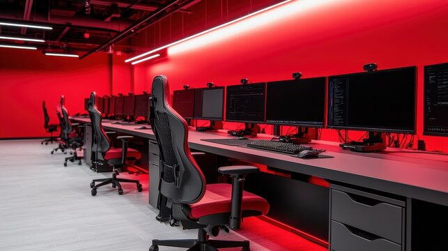 Gaming or eSports arena with multiple computers and red lighting. Concept of gaming, esports, and technology.