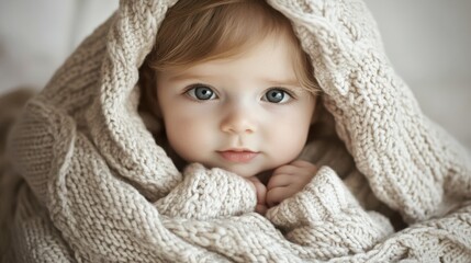 Cozy Baby Wrapped in Knitted Blanket in Soft Tones
