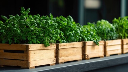 Lush green herbs in wooden boxes create fresh and inviting atmos
