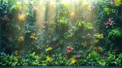 Lush vertical garden wall, sunlight streams through