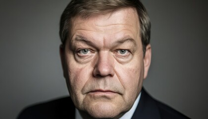 Obraz premium Serious Portrait of Middle-Aged Man in Dark Suit Against Gray Background