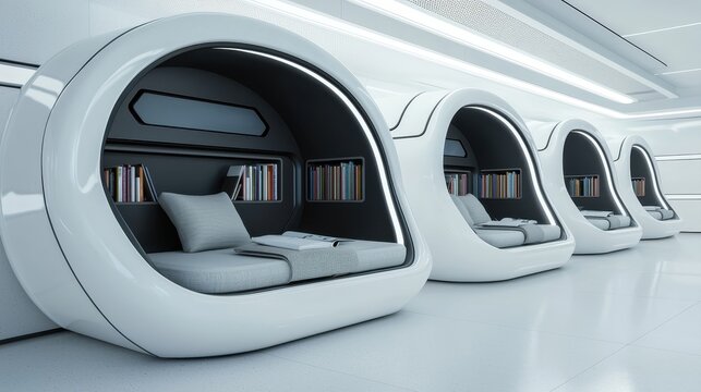 A modern, futuristic resting space featuring sleek, pod-like beds in a minimalist environment, emphasizing comfort and innovation.