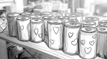 A school charity drive with large sketches of food cans, clothes, and heart icons