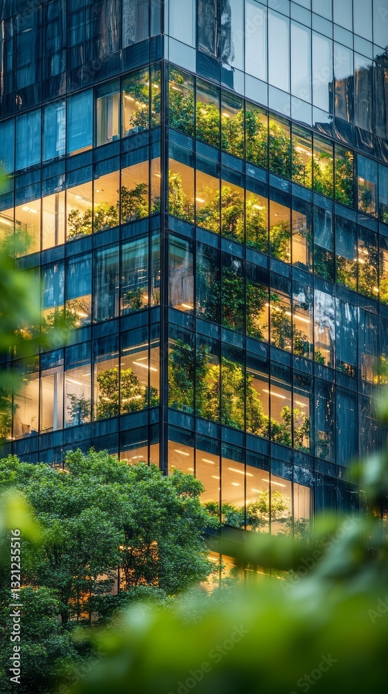 Aufkleber a striking urban structure showcases lush greenery within its glass exterior, reflecting the soft gl