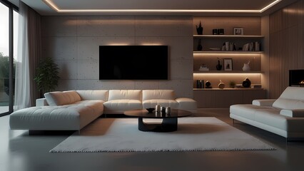 A contemporary living room interior showcases a comfortable sofa and modern furniture, bathed in soft light from a large window