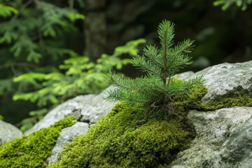 Small Evergreen Sapling Growing Among Moss on Rocks in Forest