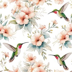Seamless pattern with floral romantic elements, hand drawn colibri for your design. Endless texture, sketch humming-birds, watercolor flowers, isolated on white background. Vector Generative AI