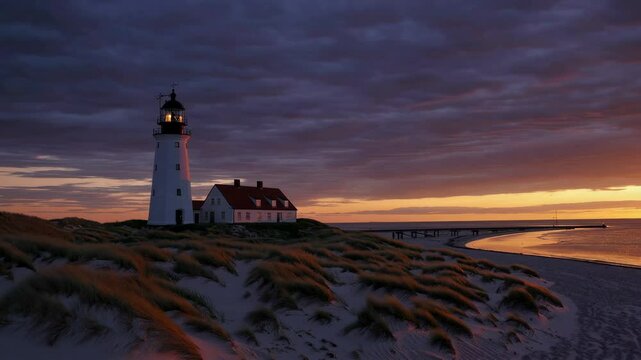 Stunning sunset colors the sky behind Race Point lighthouse in Cape Cod National Seashore, Massachusetts