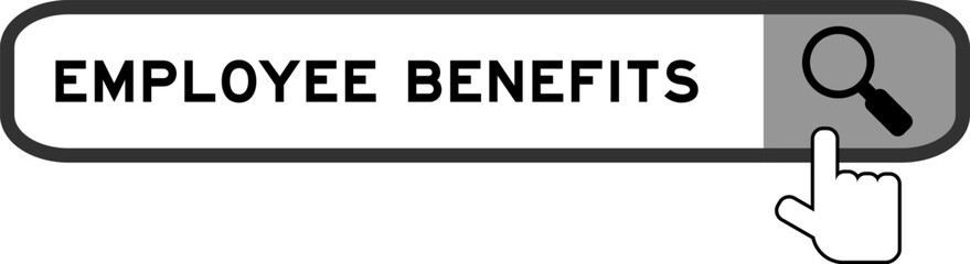 Search banner in word employee benefits with hand over magnifier icon on white background