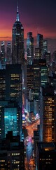 skyline at night reveals a breathtaking cityscape of illuminated skyscrapers, a vibrant urban architecture against the dark sky