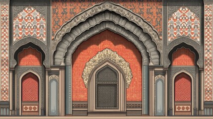 Obraz premium Ornate Islamic Architecture Archway Mosque Intricate Detail Red and Gray
