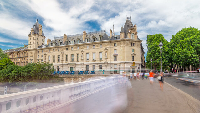 Building of Cour de cassation and traffic on Saint-Michel bridge timelapse hyperlapse in Paris, France