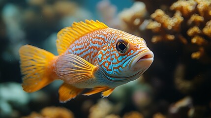 Fototapeta premium Vibrant Orange and Blue Reef Fish Swimming in Coral Reef Habitat