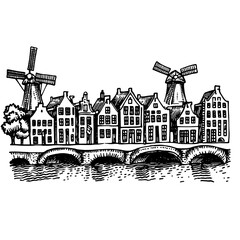 Fototapeta premium Engraved vector illustration of historic windmills and traditional Dutch houses along a canal