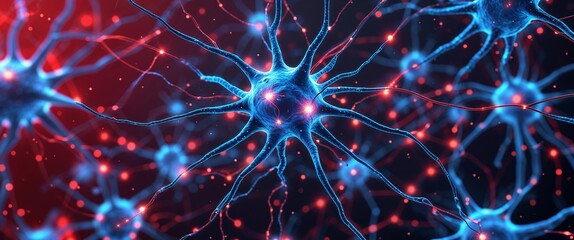 Fototapeta premium blue neural network neuron connection red dark background motion and energy concept modern and futuristic digital abstract artwork background