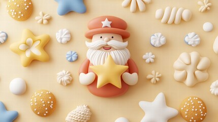 Cheerful Clay Figurine Holding Star Amidst Pastel Shapes on Beige Background