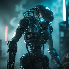 Futuristic Chrome Robot with Glowing Blue Eyes in a Sci-Fi Cityscape at Night