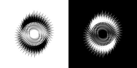 Dynamic abstract spiral sound wave rhythm lines. Circular spiral sound wave rhythm of lines. Circular futuristic abstract lines, black and white background.	