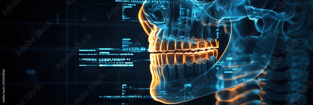 Aufkleber jawbone blueprint with implants displayed against a dark medical background featuring glowing skelet