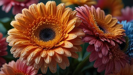 artistic nature of dew on flowers captures beauty of intricate droplet patterns, vibrant colors, and harmonious relationship between water and plants