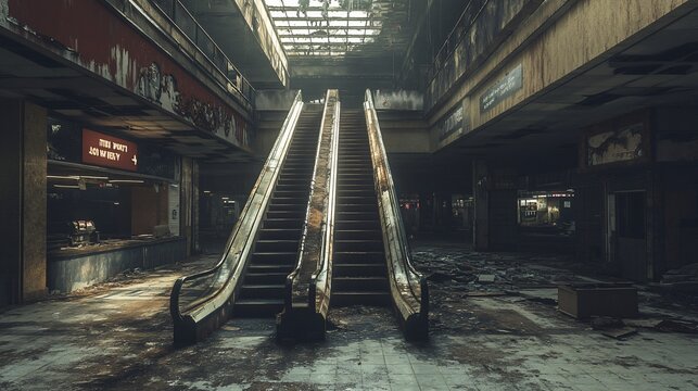 Abandoned mall escalator, A poignant exploration of urban decay and desolation