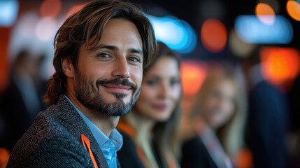 Fototapeta premium Smiling man attends networking event with professionals in background at urban venue in evening