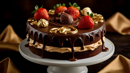 The concept of festive dishes. Bakery. A beautiful delicious cake with fresh strawberries and chocolate on the table. Birthday treats and sweets.