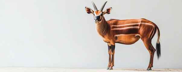 A majestic striped antelope stands gracefully in a studio setting