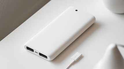 Fototapeta premium White portable charger with USB ports on a table.