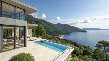Fototapeta premium Modern hillside villa with infinity pool overlooking mountain and sea views