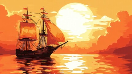 Naklejka premium Majestic Sailing Ship at Sunset Ocean Voyage: A Golden Hour Masterpiece