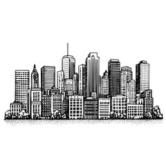 Fototapeta premium Vibrant city skyline illustration showcasing intricate architectural details and urban life essence ideal for tattoos and packaging designs