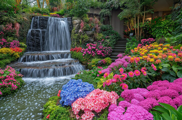 Obraz premium A lush garden with colorful flowers and a beautiful waterfall cascading down the hillside, creating an enchanting scene of nature's beauty