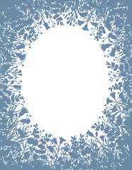 Egg-shaped frame of blue silhouettes of painted wild flowers on white background