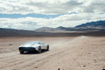 Obraz premium Car Driving Through Harsh Desert Environment for Testing