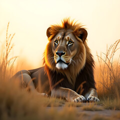 Obraz premium a majestic lion lying in the tall grass of the African savanna, the golden light of the setting sun casting long shadows, realistic detail on white background.
