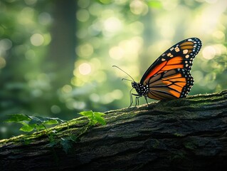 Obraz premium Monarch butterfly resting on log in sunlit forest