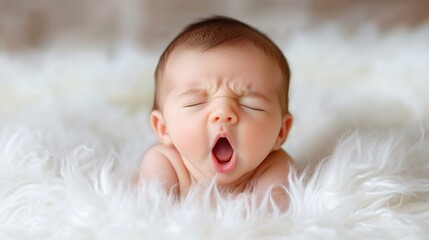 Yawning Newborn with Innocent Expression on Soft Blanket