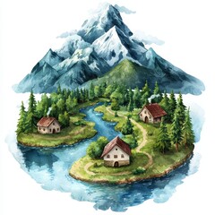 Fototapeta premium Idyllic Watercolor Painting of Alpine Village River and Majestic Mountains