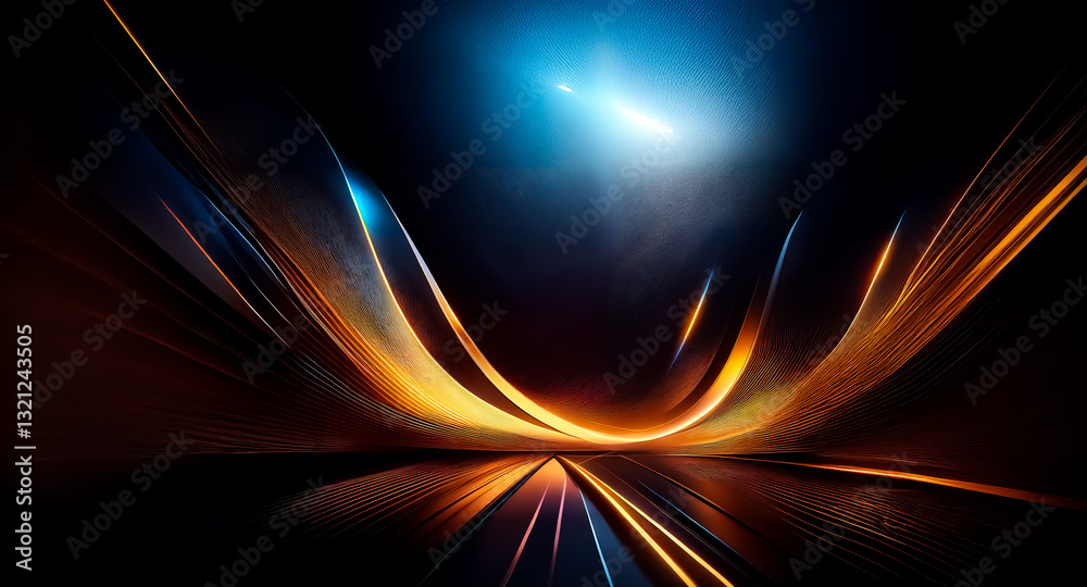 Poster Abstract image with bright orange and blue light streaks on a dark backdrop, creating a dynamic and futuristic feel. The curved lines add to the sense of motion and energy.